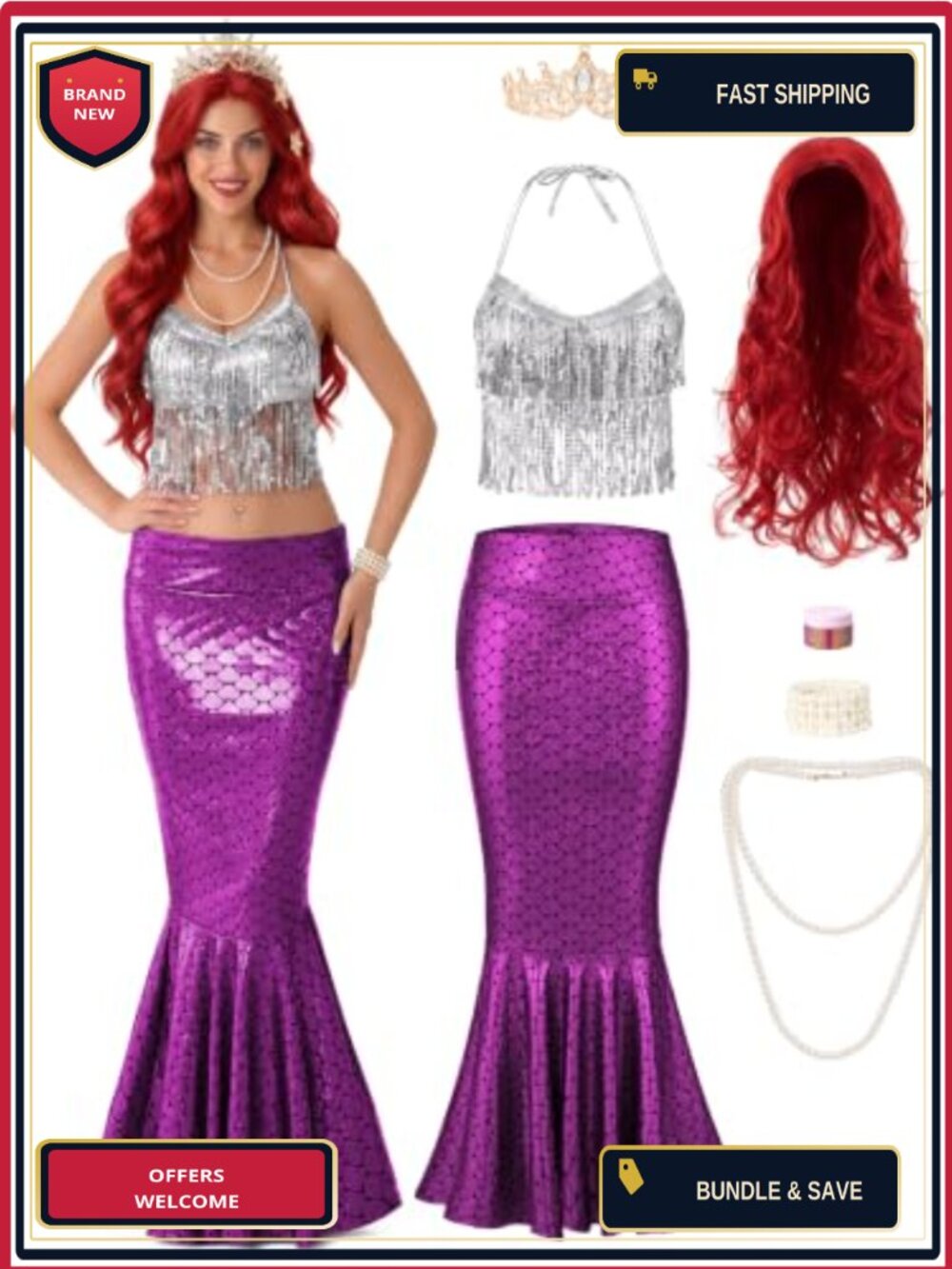 8-Piece Mermaid Costume Set Sequin Top Skirt Wig Cosplay
